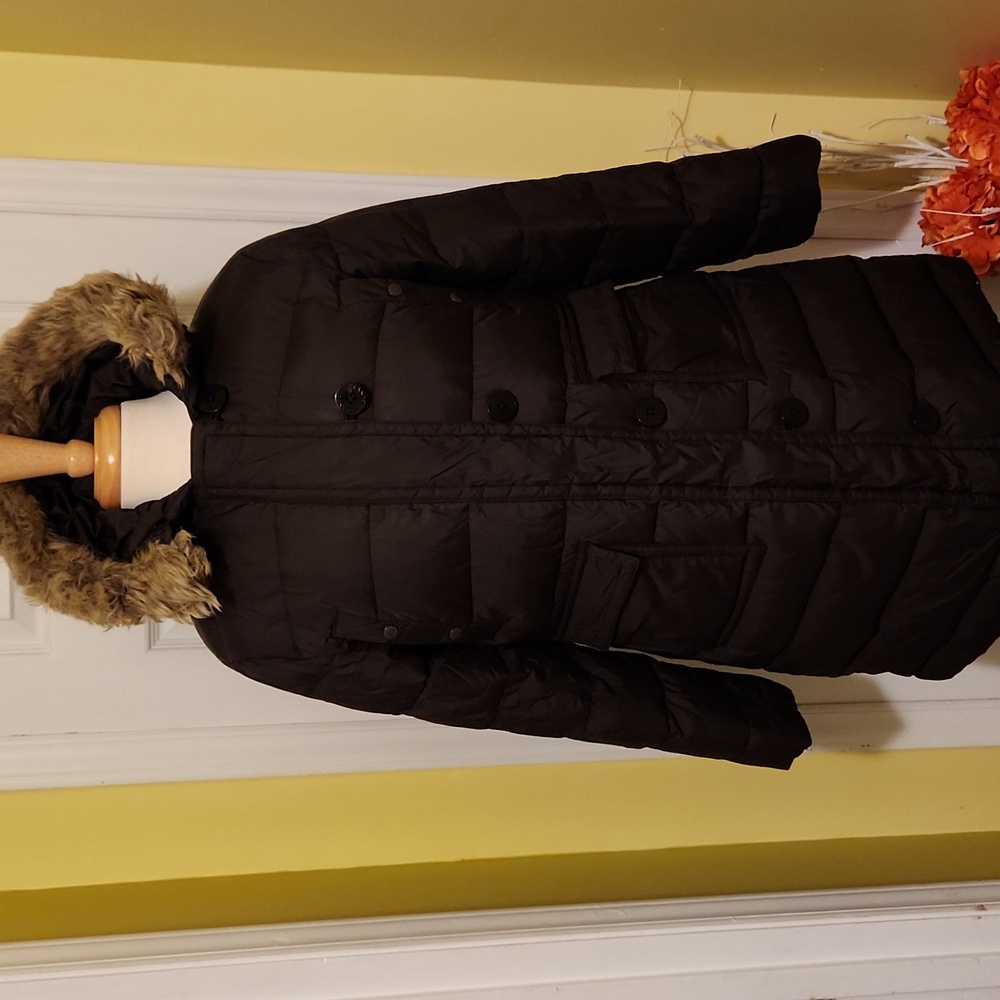 Lands' End Faux Fur Trim Hooded Goosedown Nylon Coat